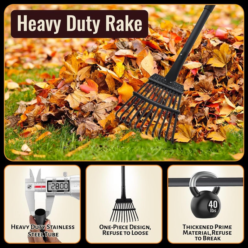 ABtool Small Rakes for Garden Beds,11 Tines Heavy Duty Metal Yard Hand Rake with 63in Adjustable Handle,Ideal Gardening Rakes for Gathering Leaves,Shrub,Dog Poop,Garden Flower Beds - Image 2